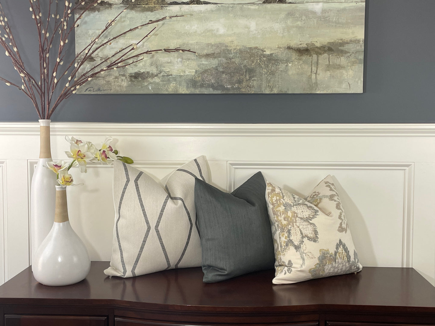 Damask Floral Linen Grey Pillow Cover