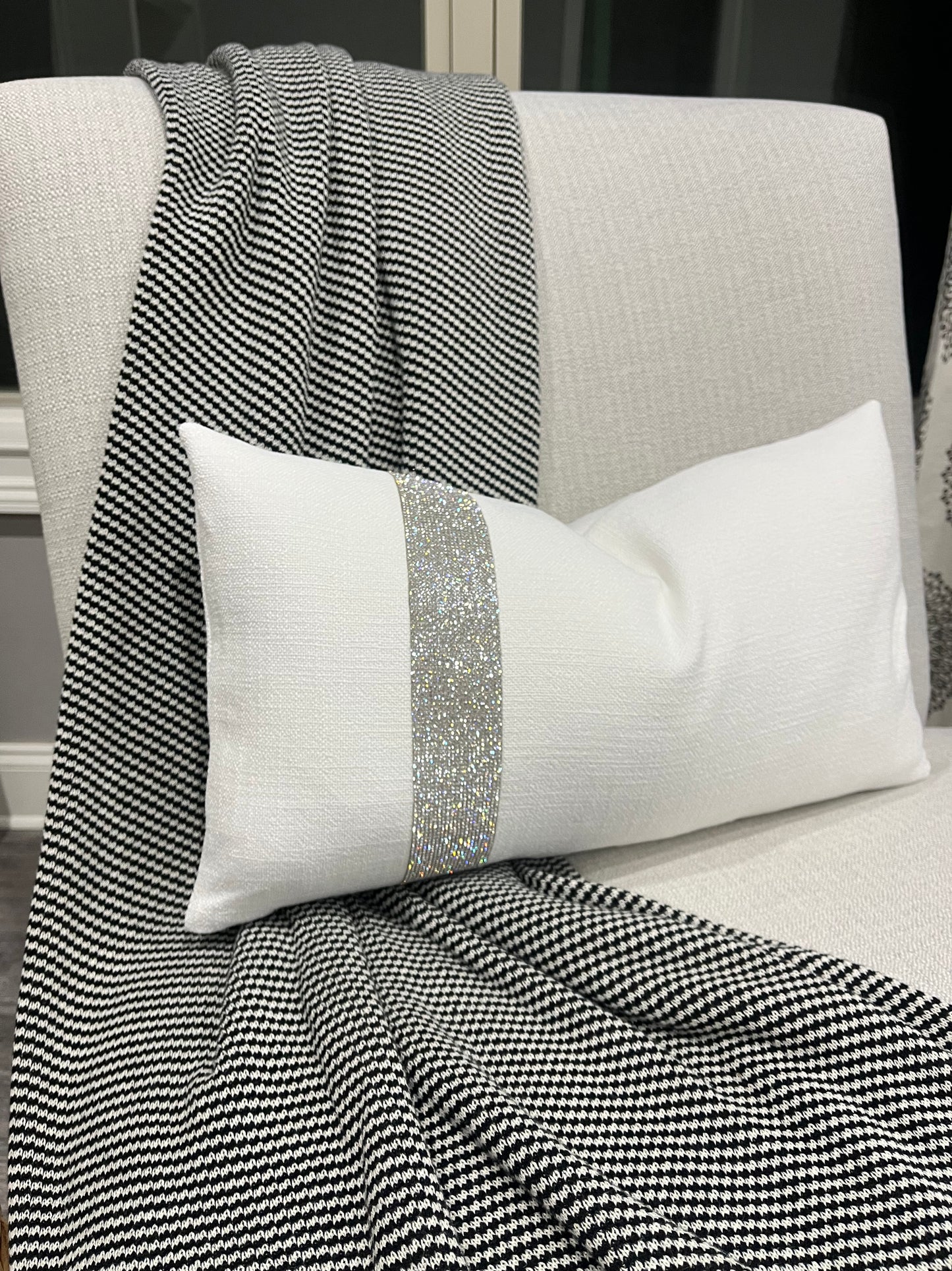 White Rhinestone Lumbar Pillow Cover