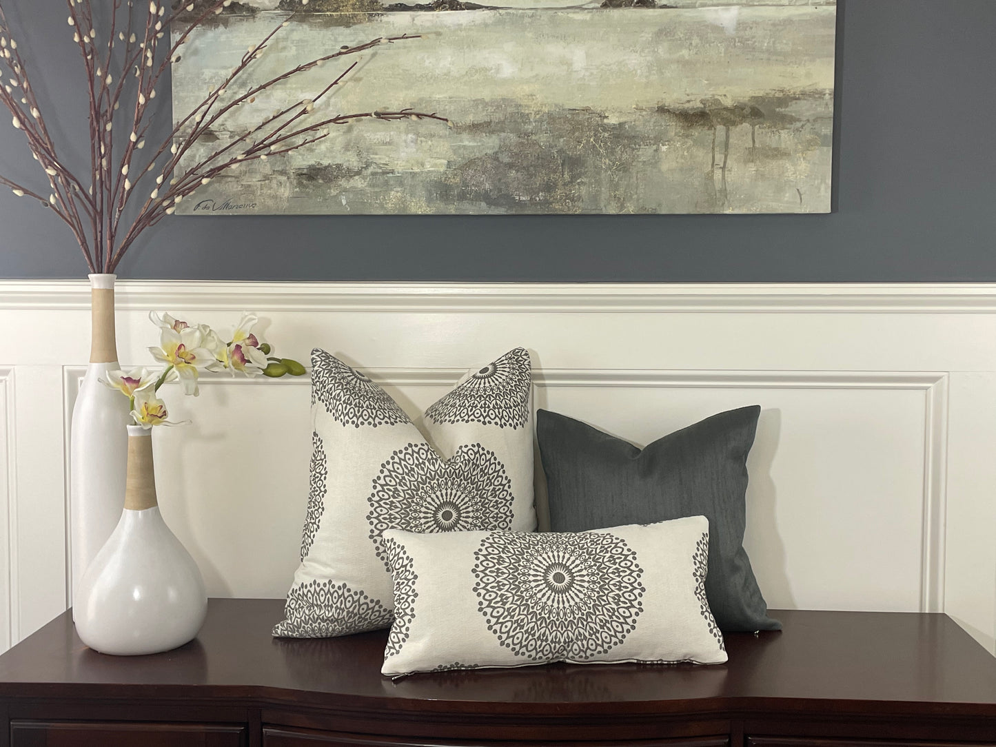 Embroidered Grey Medallion Pillow Cover