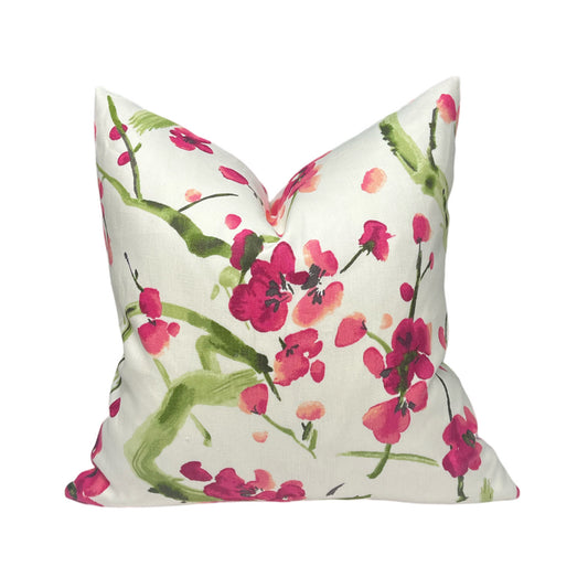 Pink Cherry Blossom Linen Pillow Cover